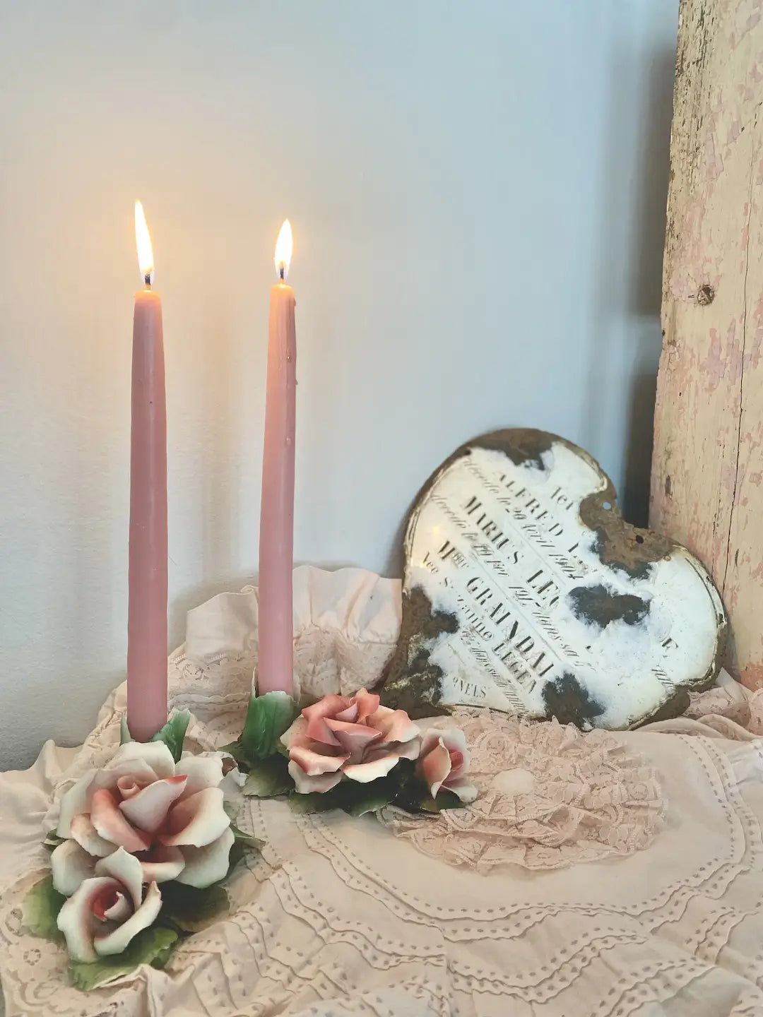 Pair Vintage Italian Pink White Rose Candlesticks
