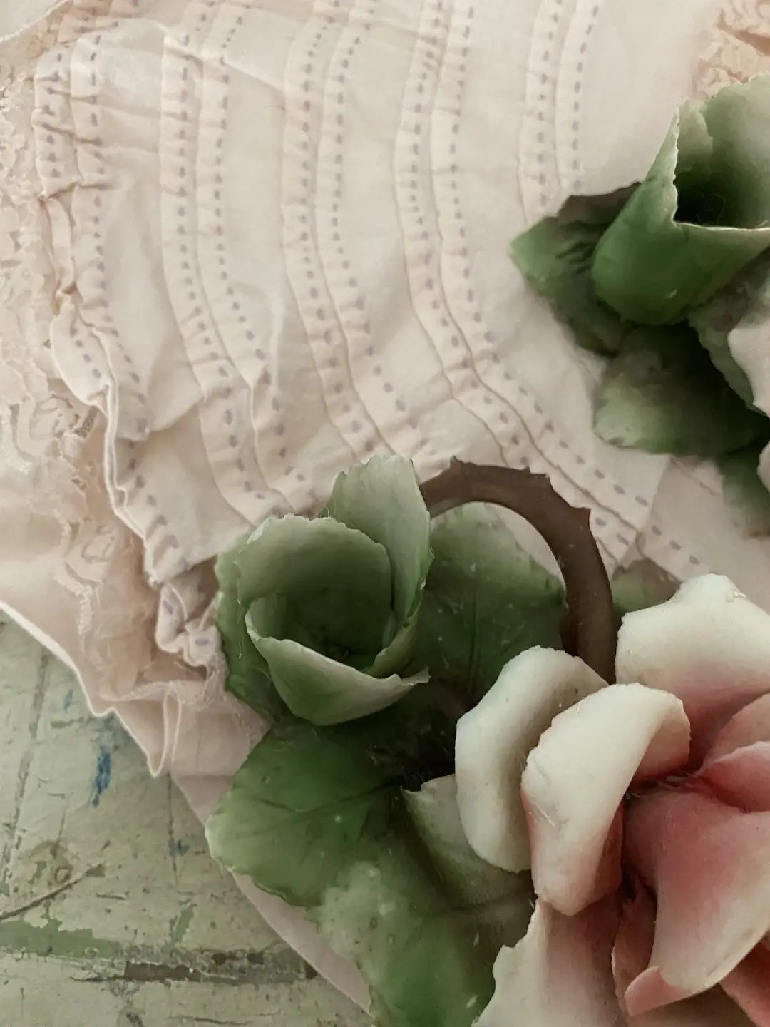 Pair Vintage Italian Pink White Rose Candlesticks