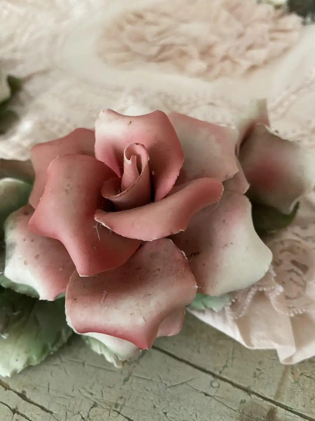 Pair Vintage Italian Pink White Rose Candlesticks