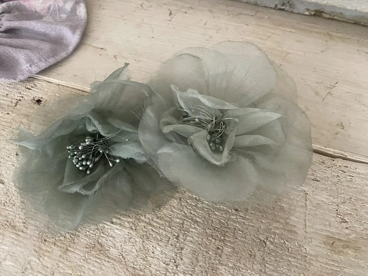 Pair Vintage Dusty Teal Blue Millinery Flowers Rose