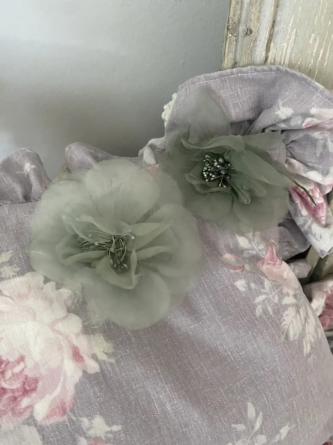 Pair Vintage Dusty Teal Blue Millinery Flowers Rose