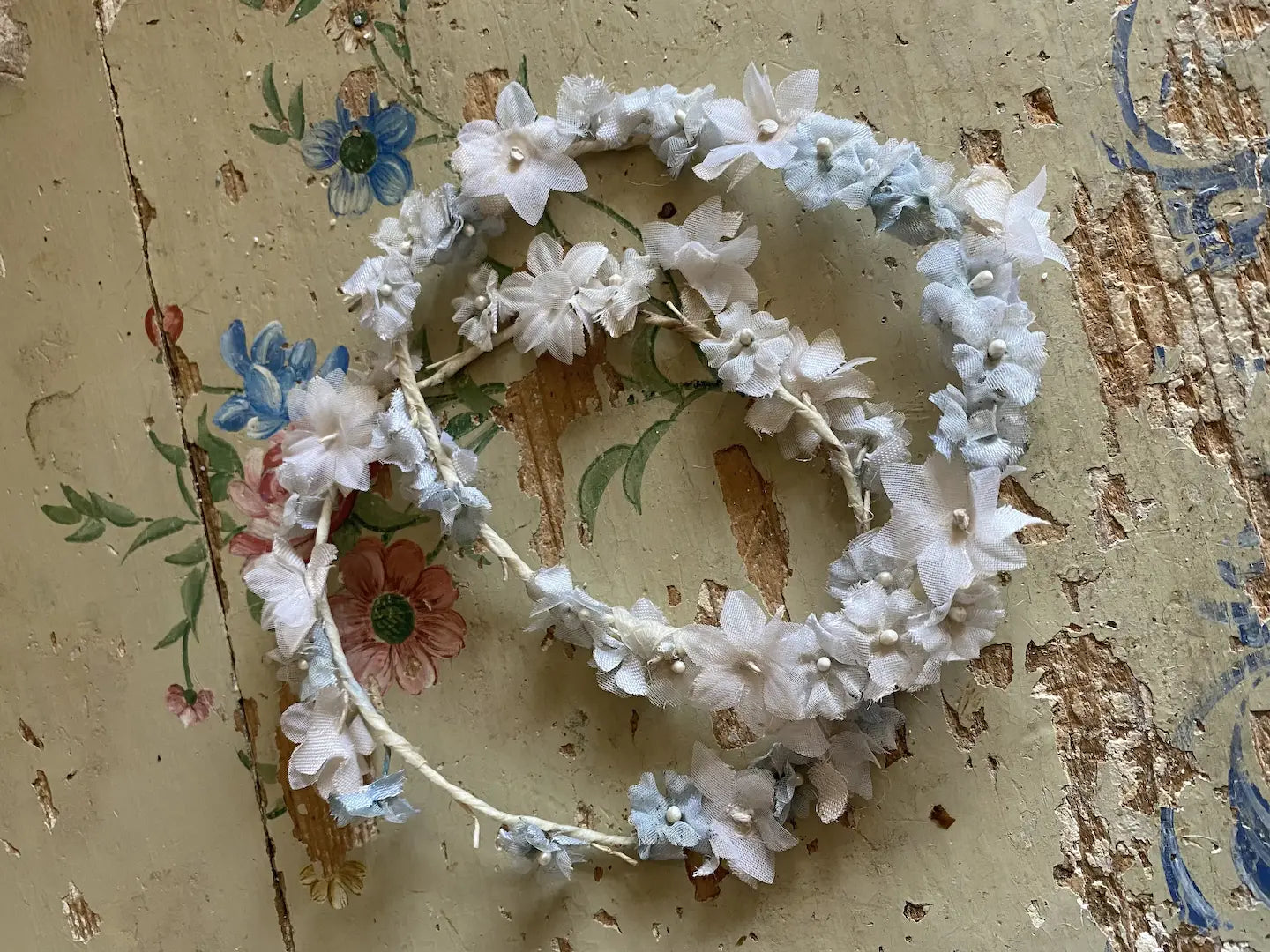 Pair Vintage French Flower Crown Headdress Blue White