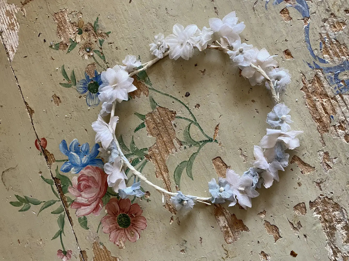 Pair Vintage French Flower Crown Headdress Blue White