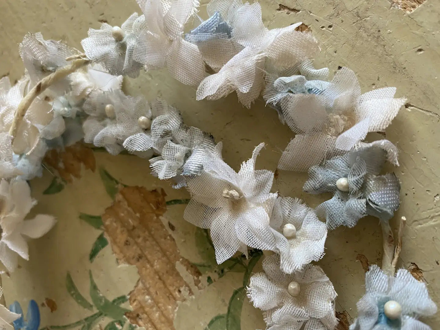 Pair Vintage French Flower Crown Headdress Blue White