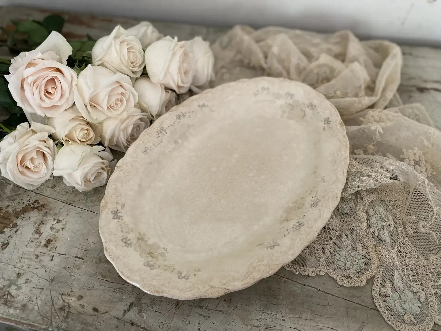 Antique Stoneware Plate Faded Blue Bows Shabby Chic