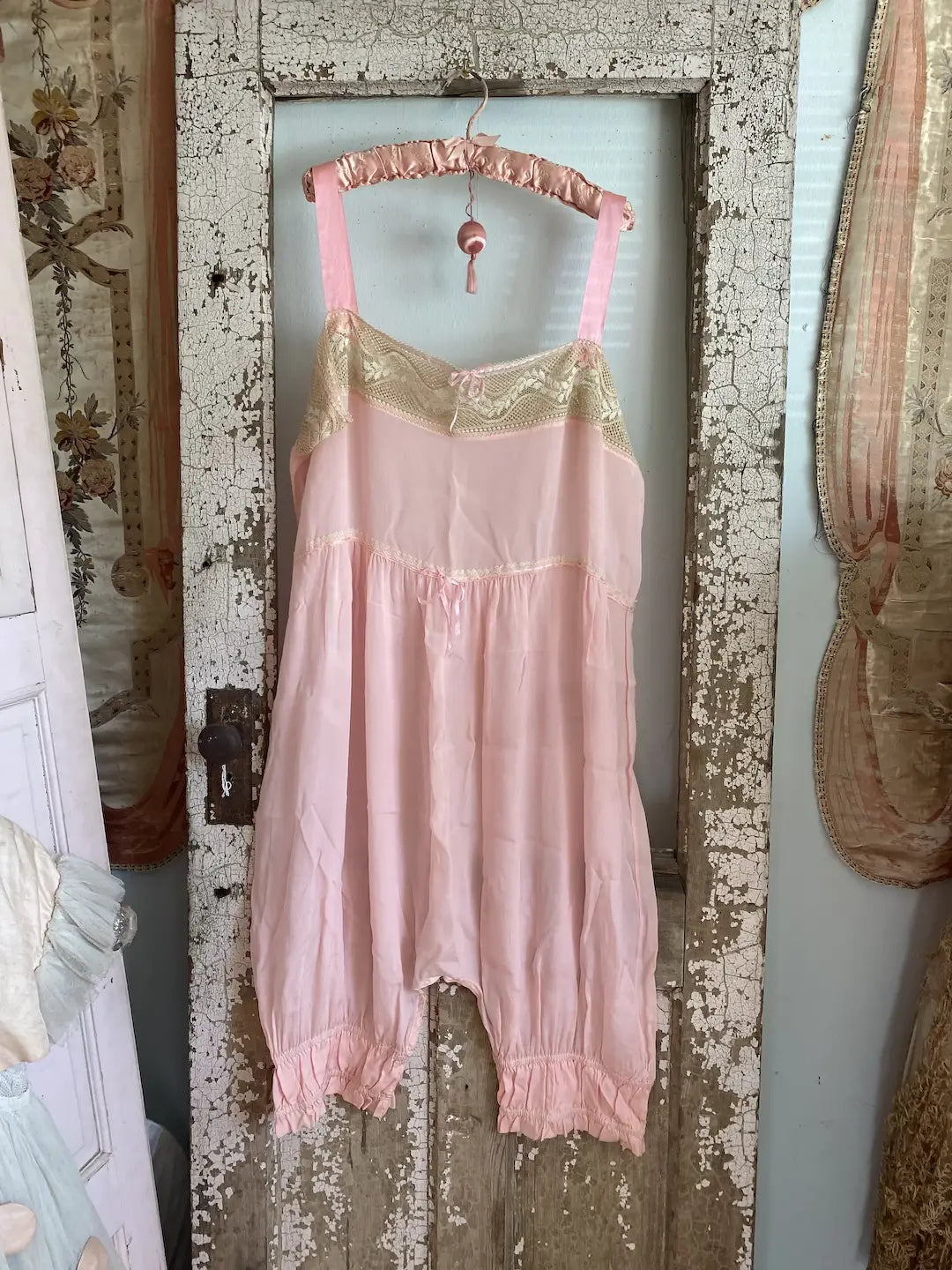 RARE Plus Size Antique Pink Silk Romper Lace Pantaloons