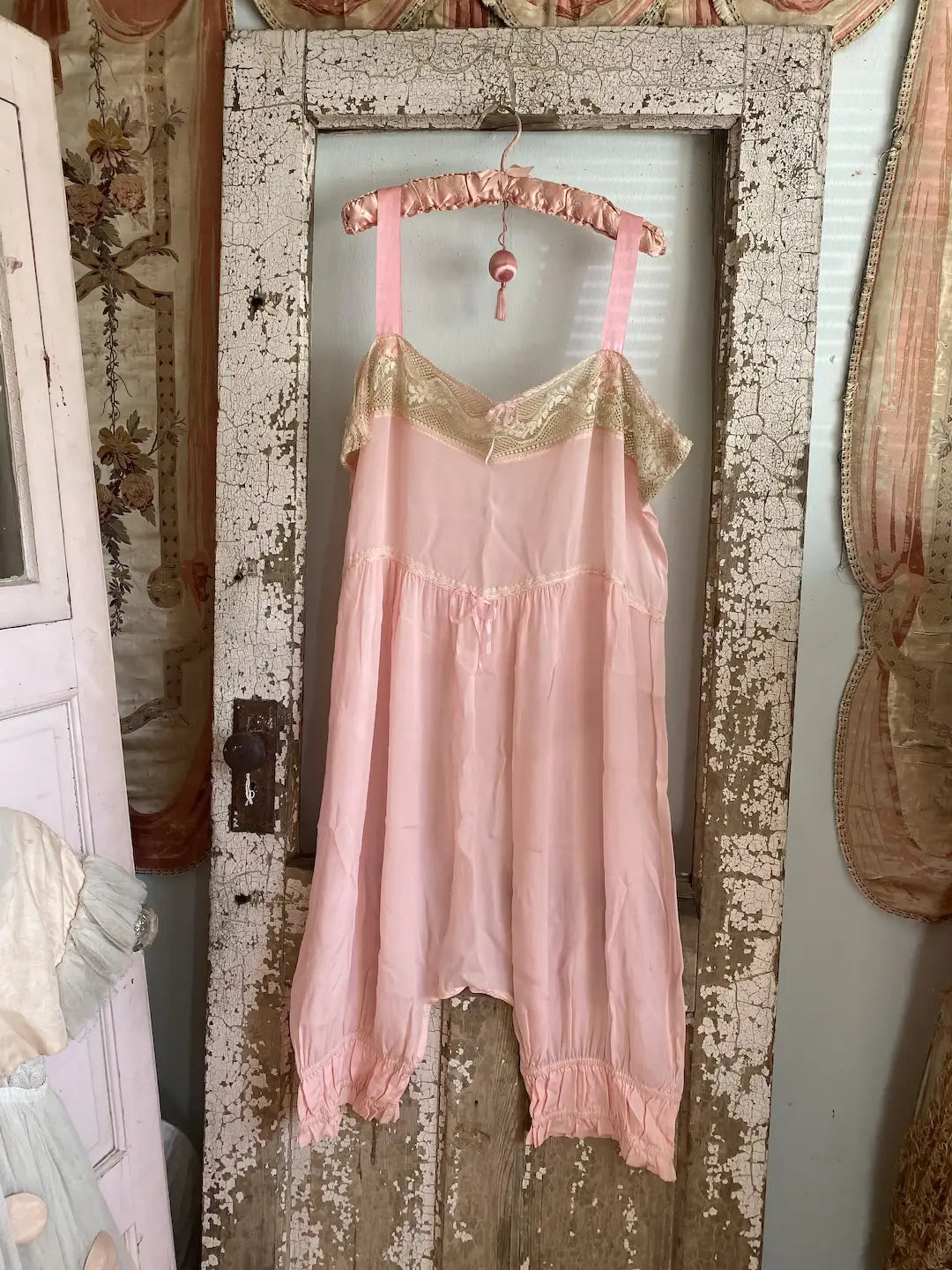 RARE Plus Size Antique Pink Silk Romper Lace Pantaloons