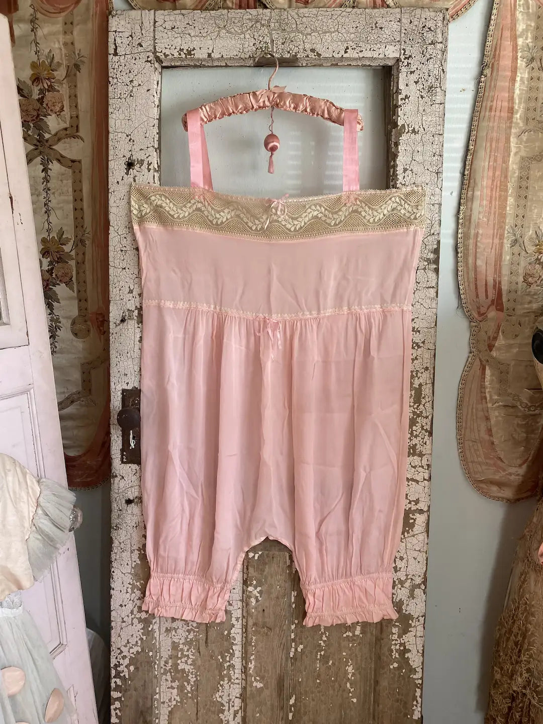 RARE Plus Size Antique Pink Silk Romper Lace Pantaloons