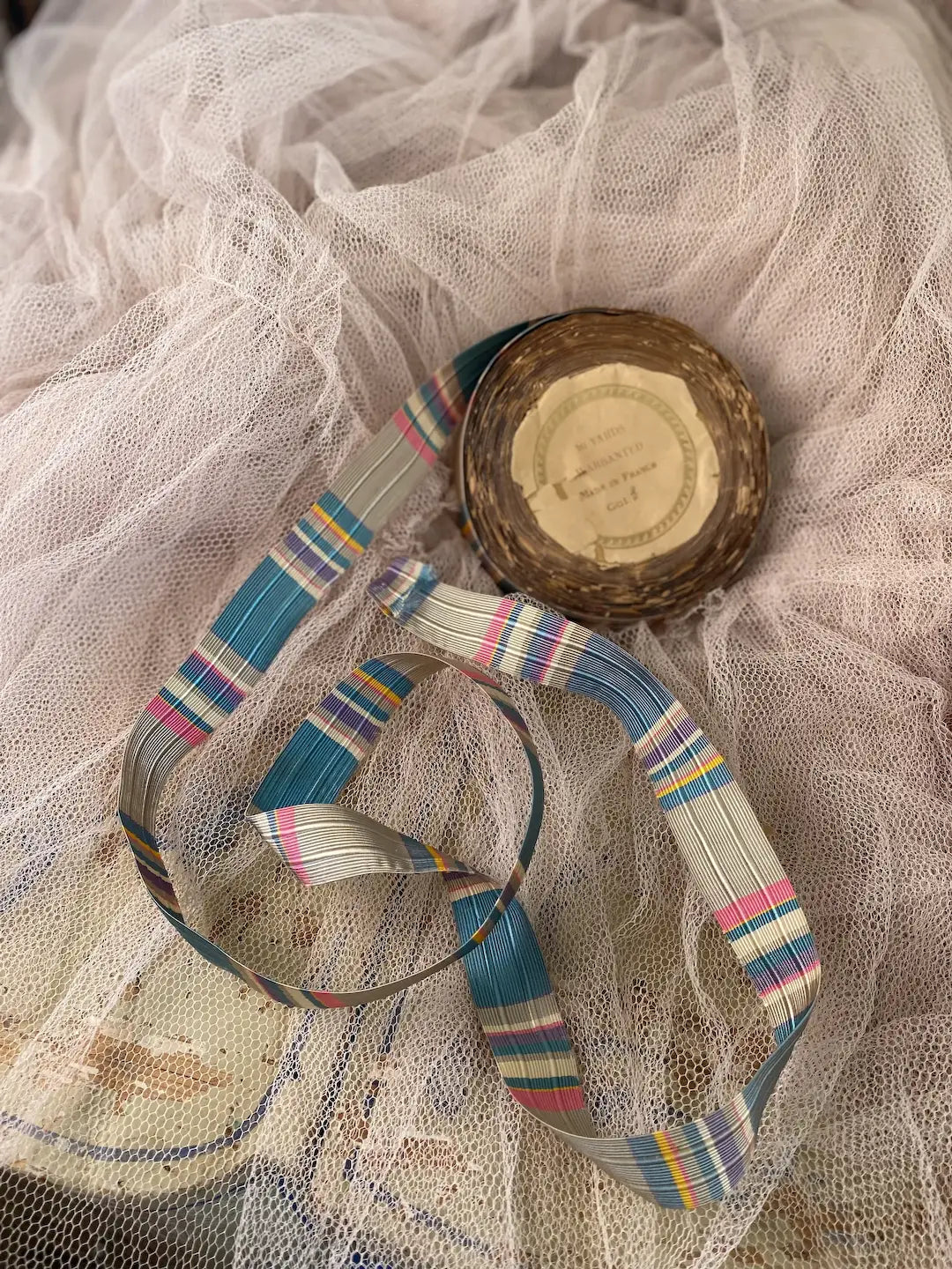 RARE Roll Antique French Ribbon Silk Stripe Blue Pink