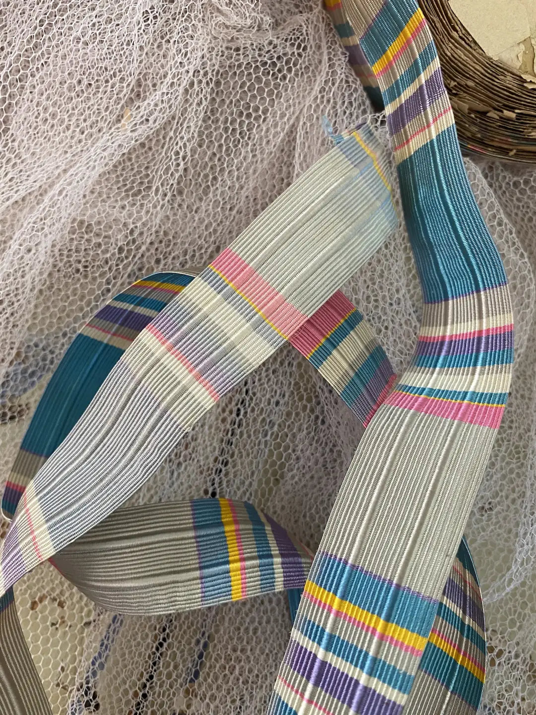 RARE Roll Antique French Ribbon Silk Stripe Blue Pink