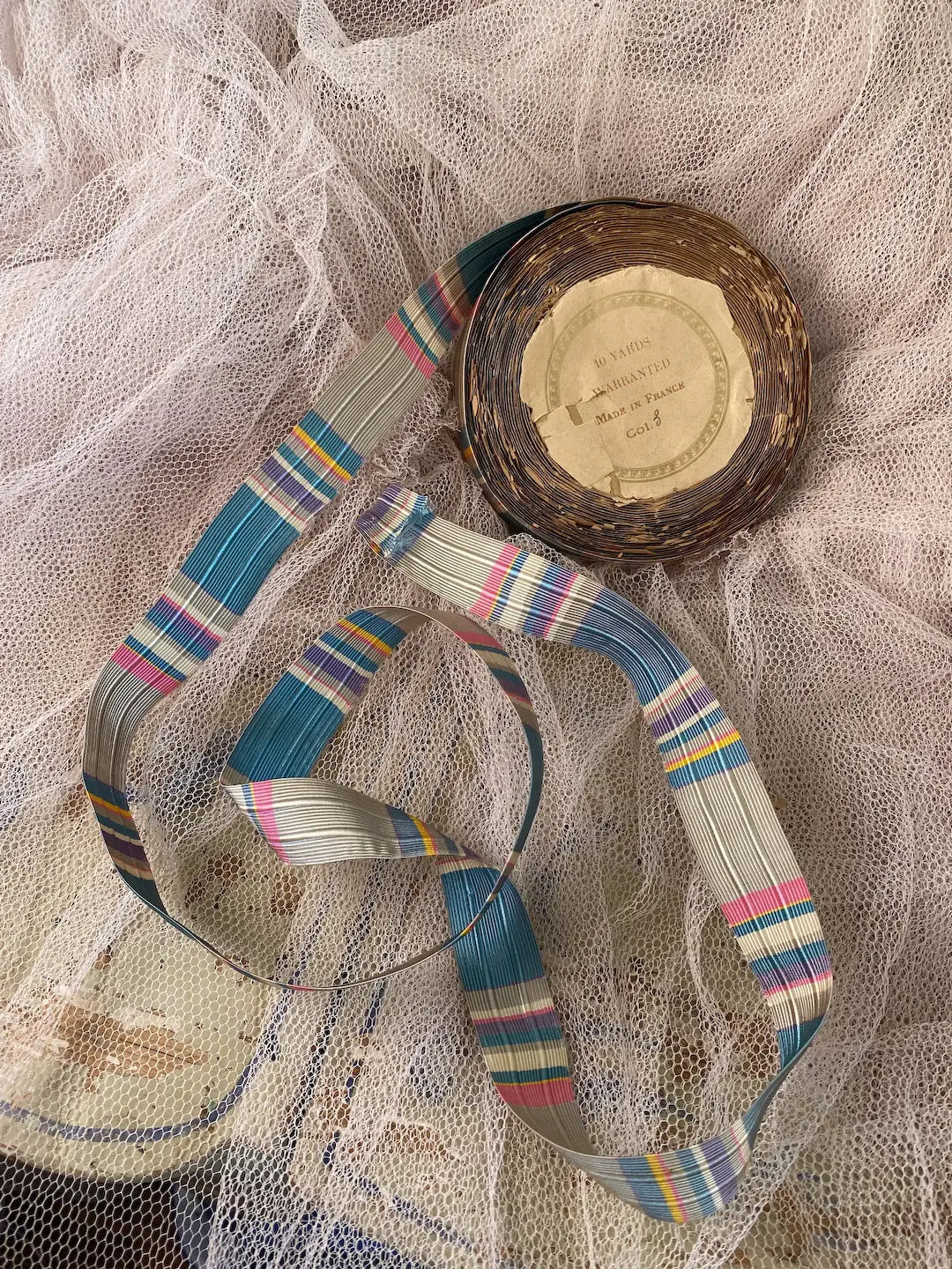 RARE Roll Antique French Ribbon Silk Stripe Blue Pink