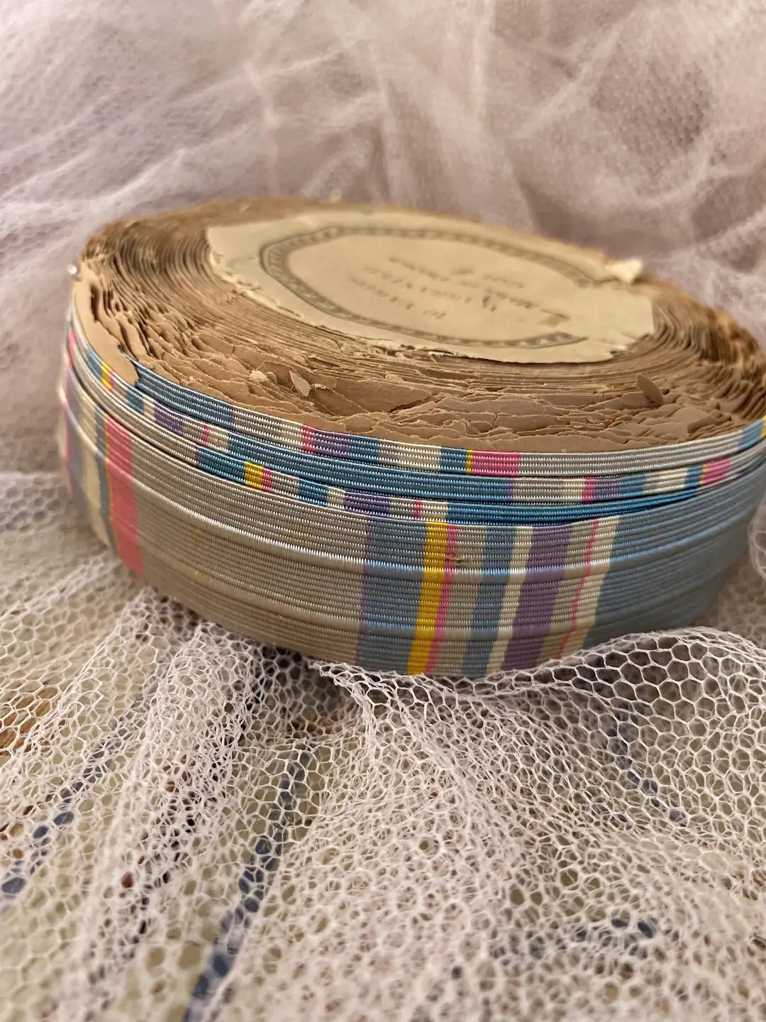 RARE Roll Antique French Ribbon Silk Stripe Blue Pink