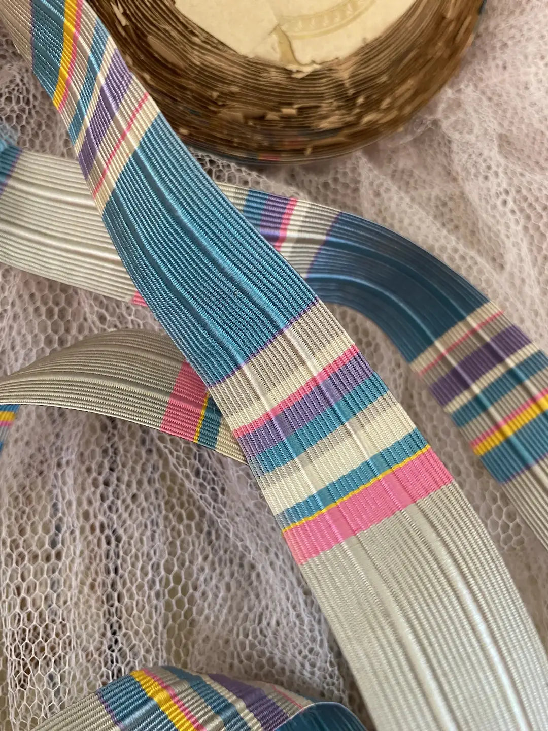 RARE Roll Antique French Ribbon Silk Stripe Blue Pink