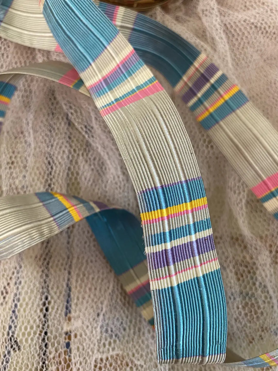 RARE Roll Antique French Ribbon Silk Stripe Blue Pink