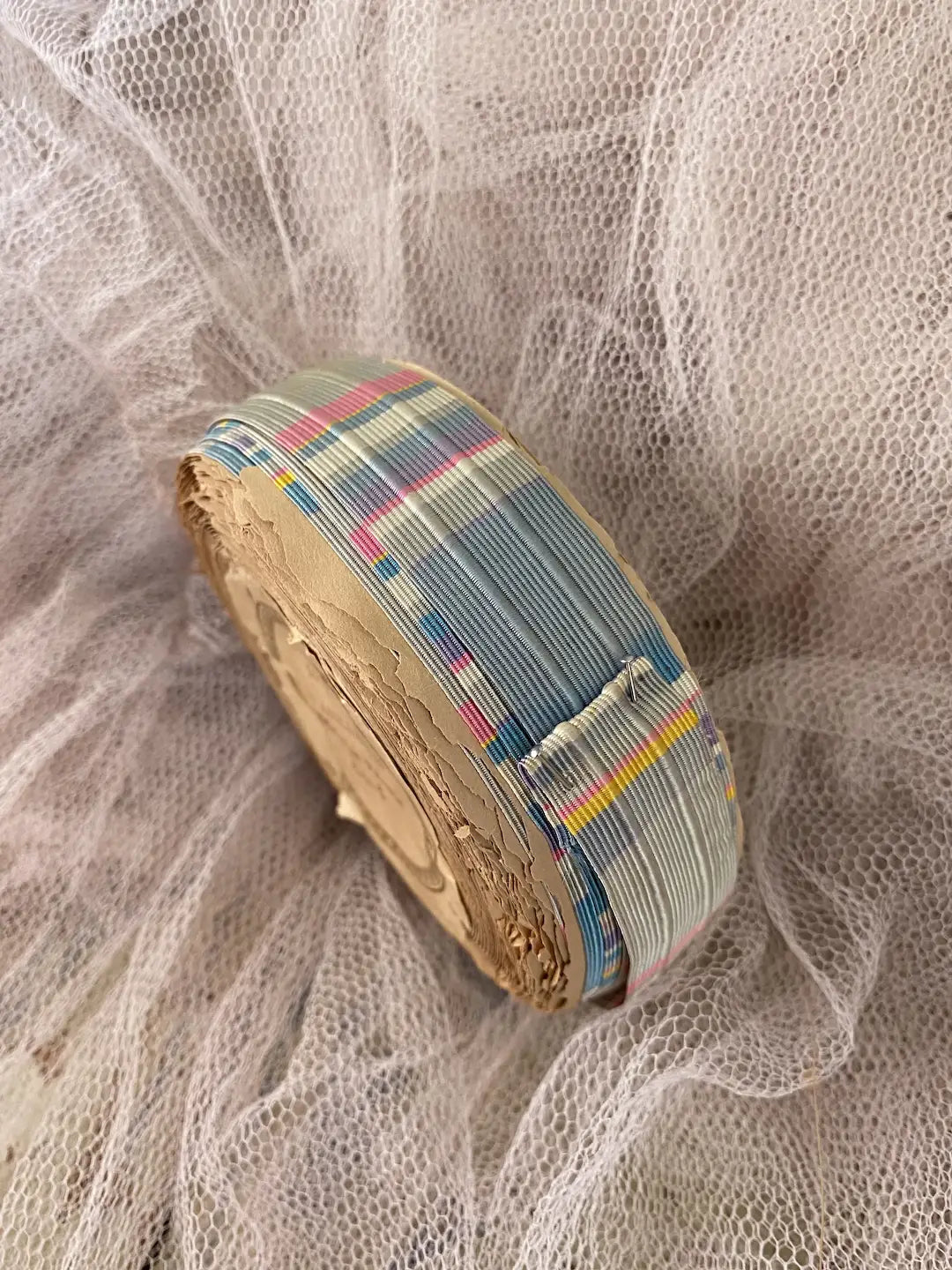 RARE Roll Antique French Ribbon Silk Stripe Blue Pink