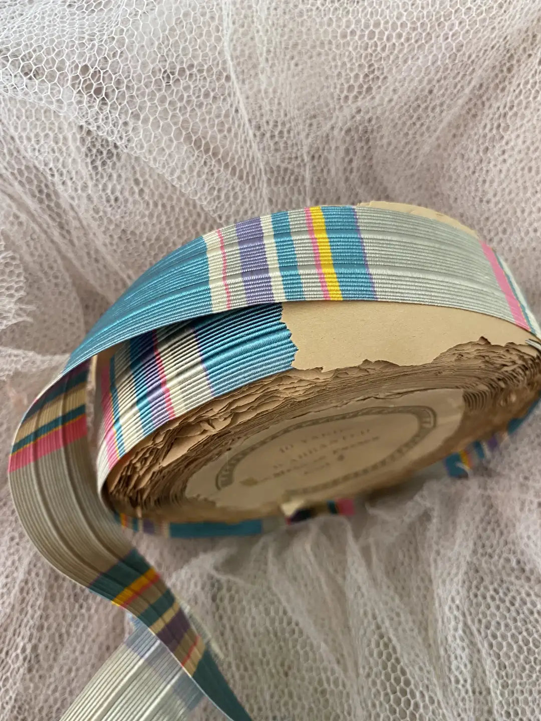 RARE Roll Antique French Ribbon Silk Stripe Blue Pink