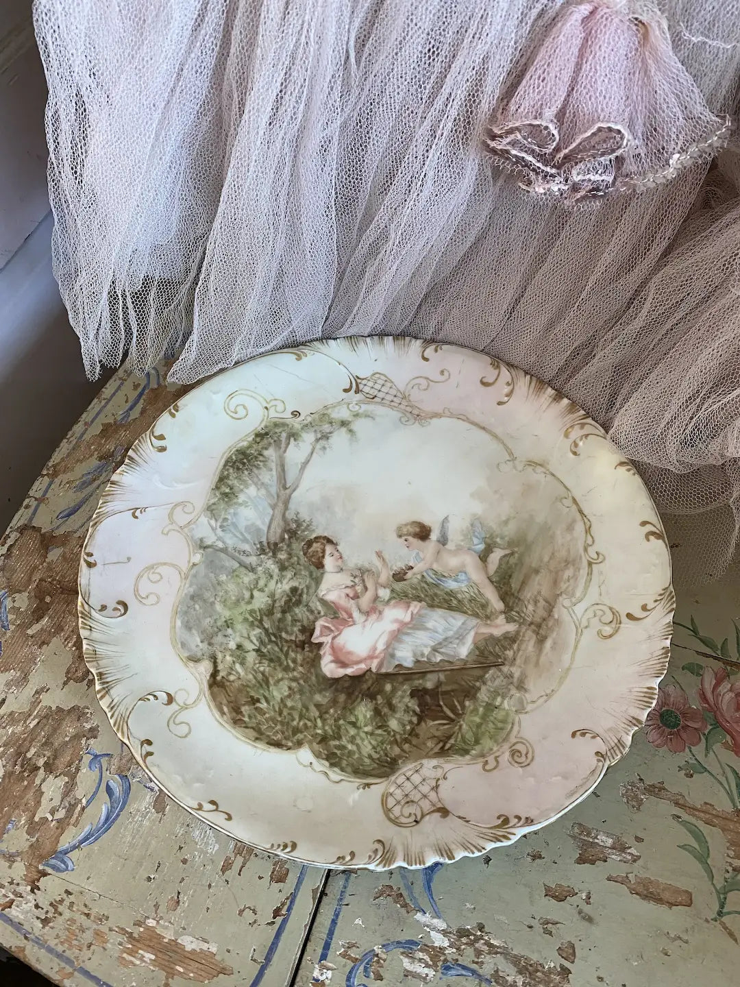 Antique French Limoges Plate Rococo Gown Dress Cherub