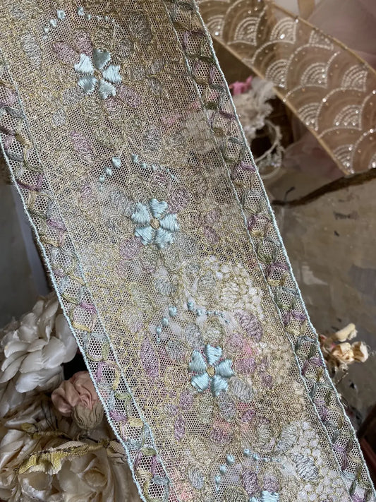 Antique French Lace Gold Metallic Blue Pink Silk Trim