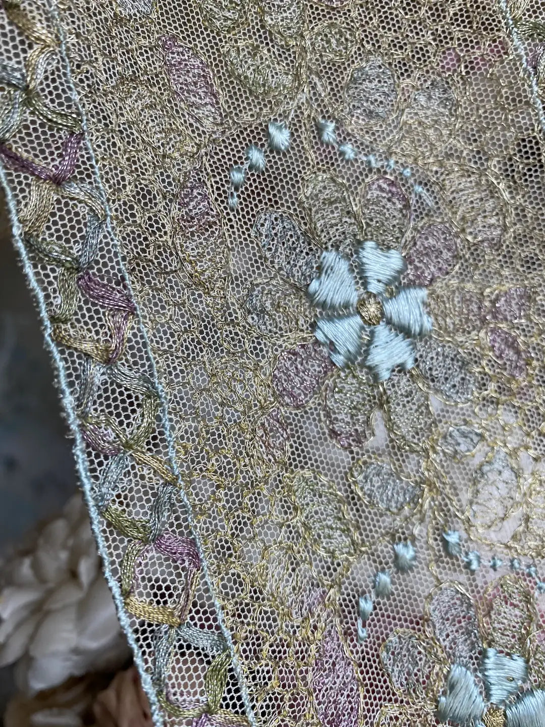 Antique French Lace Gold Metallic Blue Pink Silk Trim