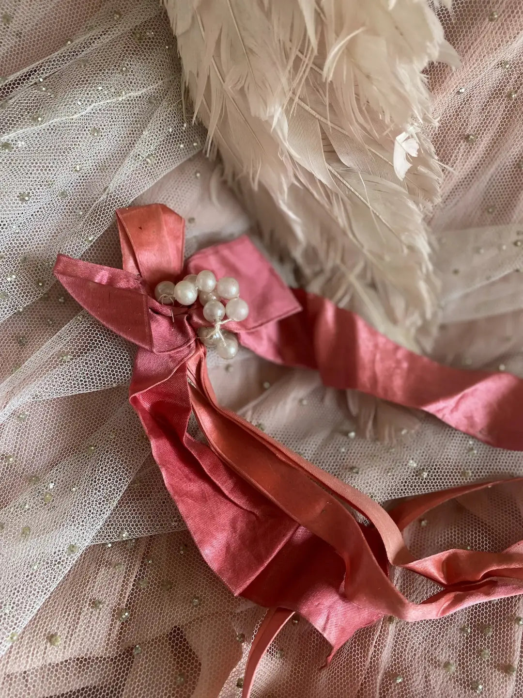 2 Antique Pin Cushion Sachets Pink Silk Ribbons Bow Pearls