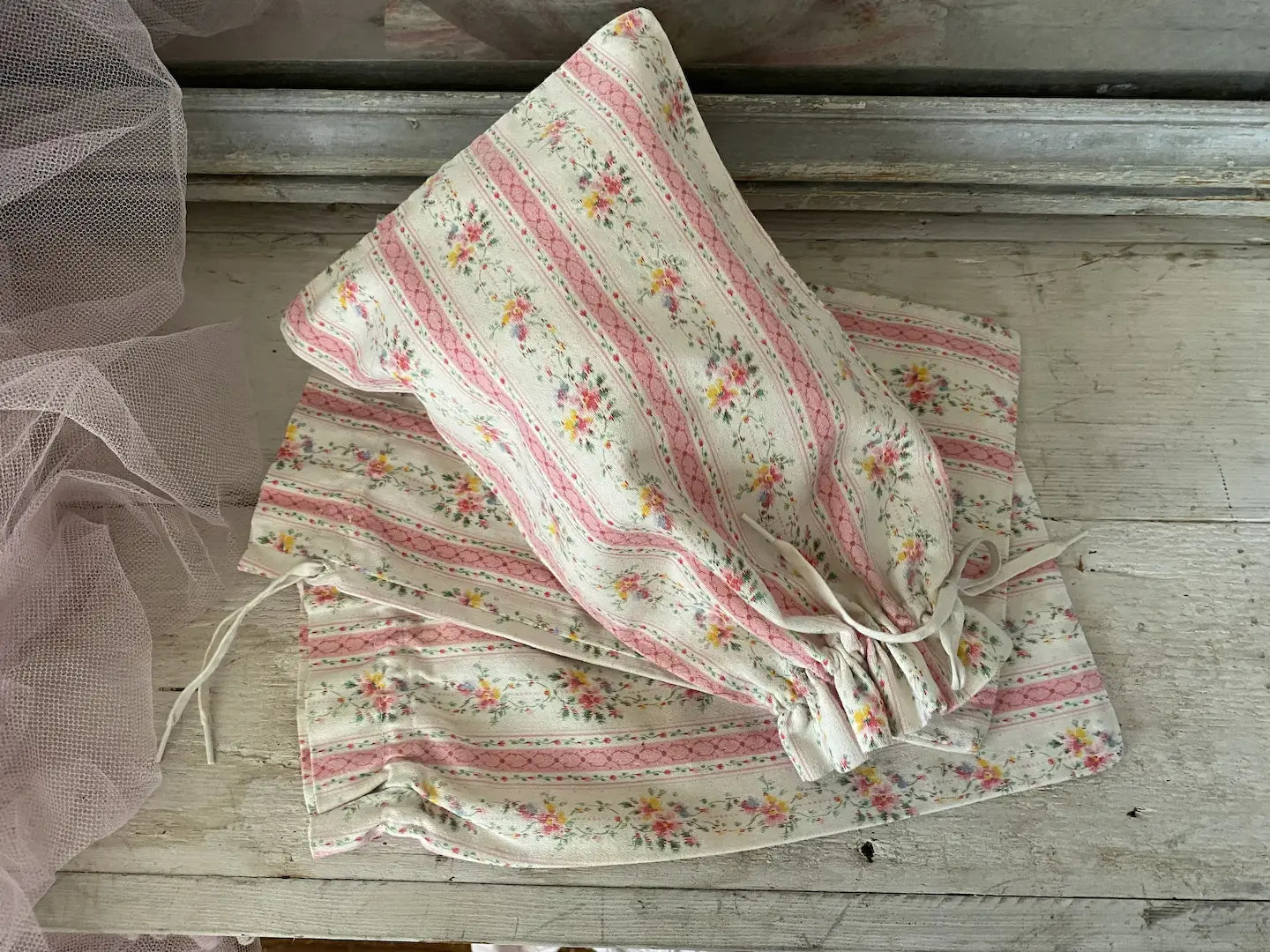 Set 3 Vintage French Pink Ticking Fabric Drawstring Bags