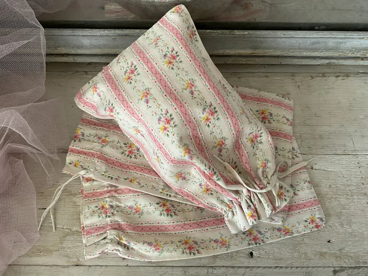 Set 3 Vintage French Pink Ticking Fabric Drawstring Bags