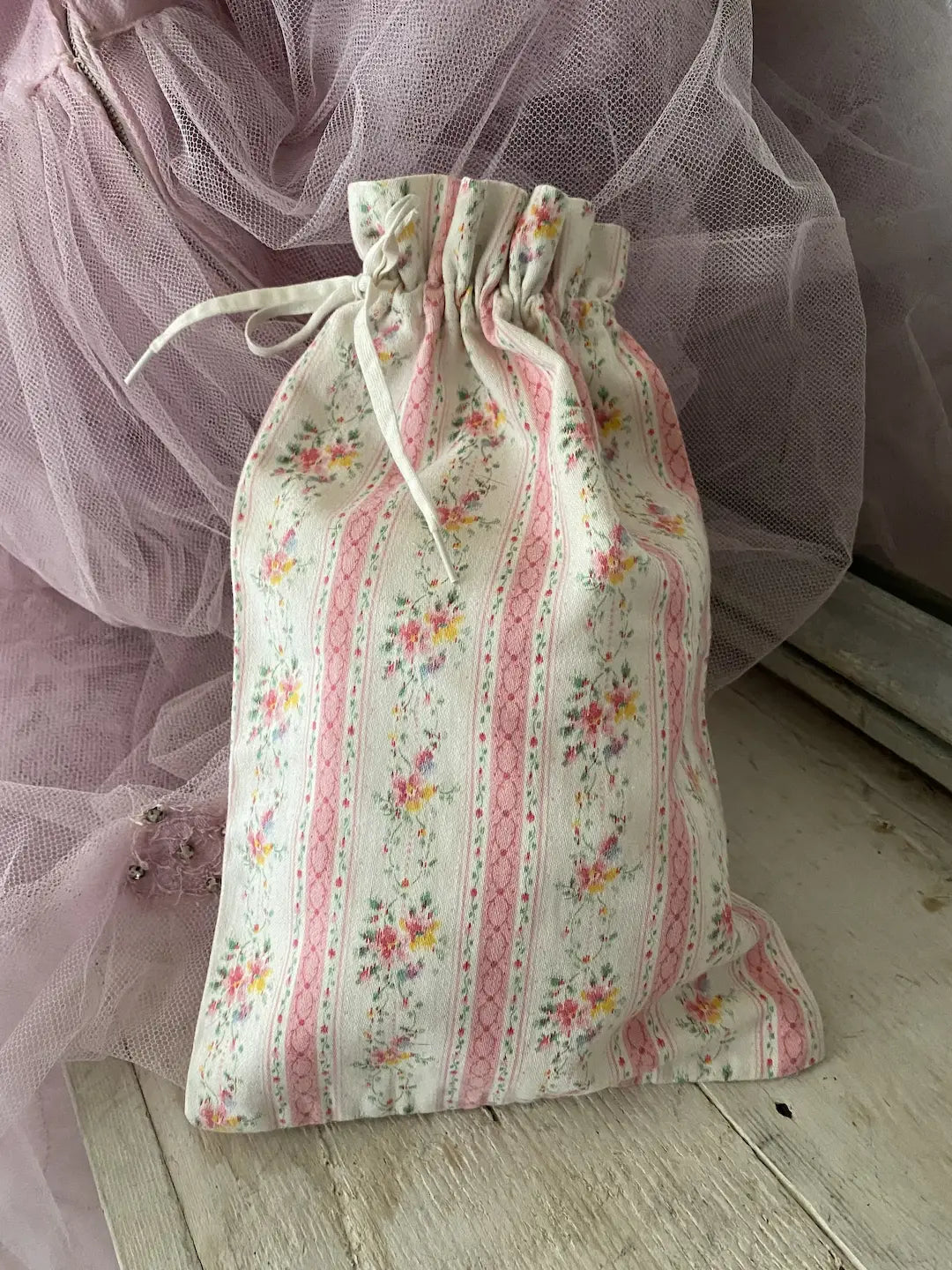 Set 3 Vintage French Pink Ticking Fabric Drawstring Bags