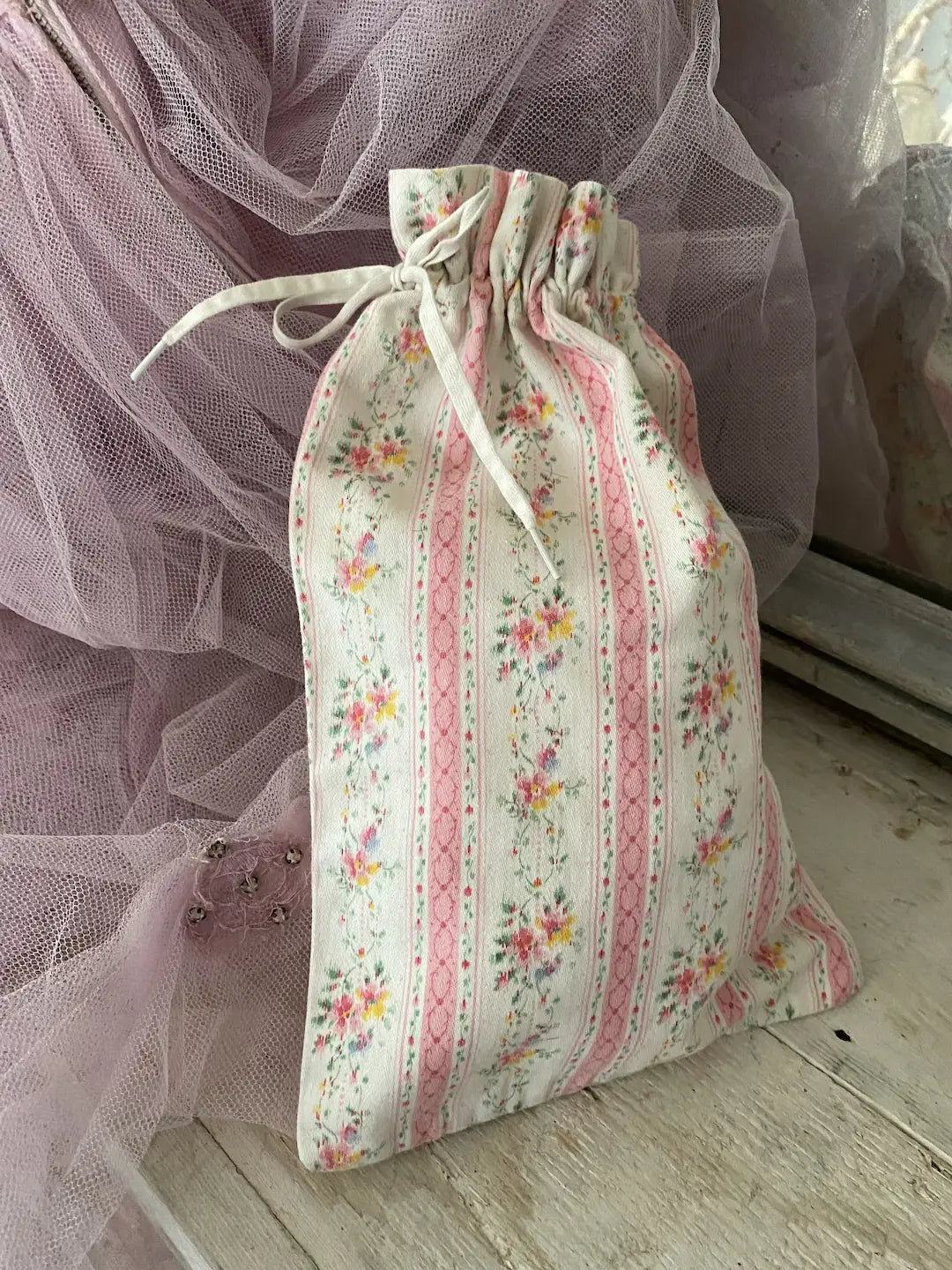 Set 3 Vintage French Pink Ticking Fabric Drawstring Bags