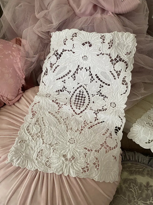 Set 4 Antique Floral Lace Embroidered White Linen Placemats