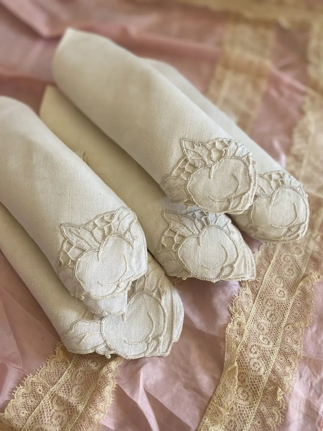 Antique Linen Embroidered Napkins Orange Peach