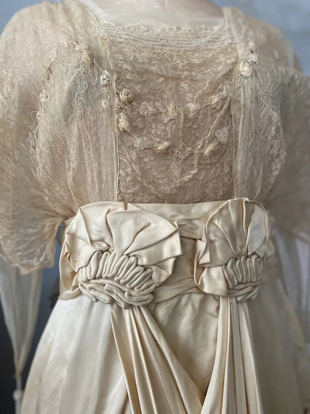 Antique Edwardian Silk Wedding Dress Lace Ribbonwork