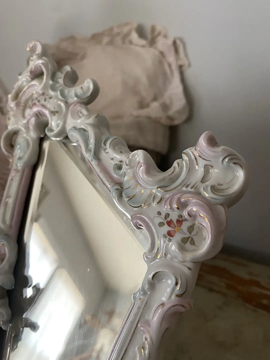 Antique German Dresden Meissen Porcelain Cherub Beveled Mirror