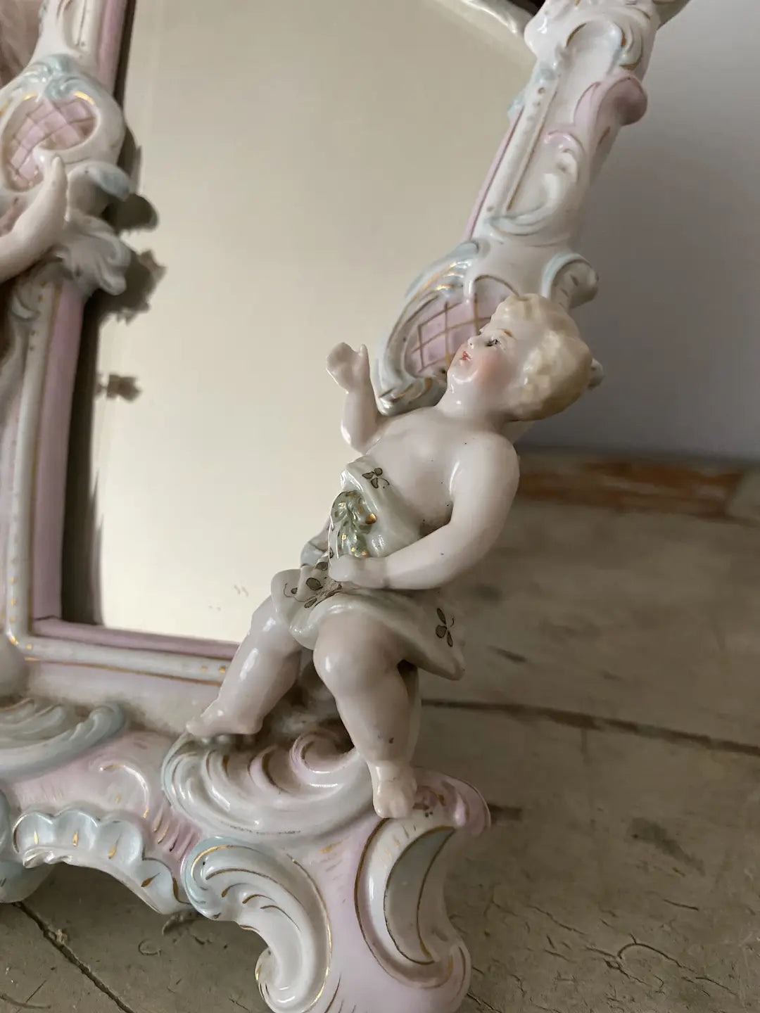 Antique German Dresden Meissen Porcelain Cherub Beveled Mirror