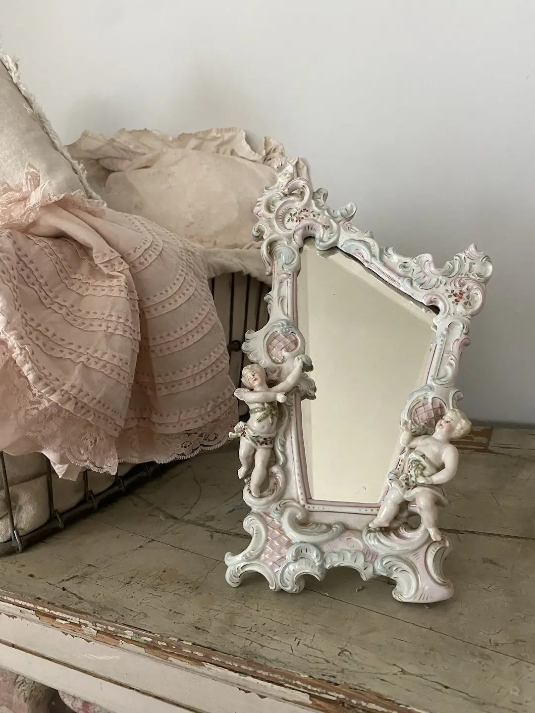 Antique German Dresden Meissen Porcelain Cherub Beveled Mirror