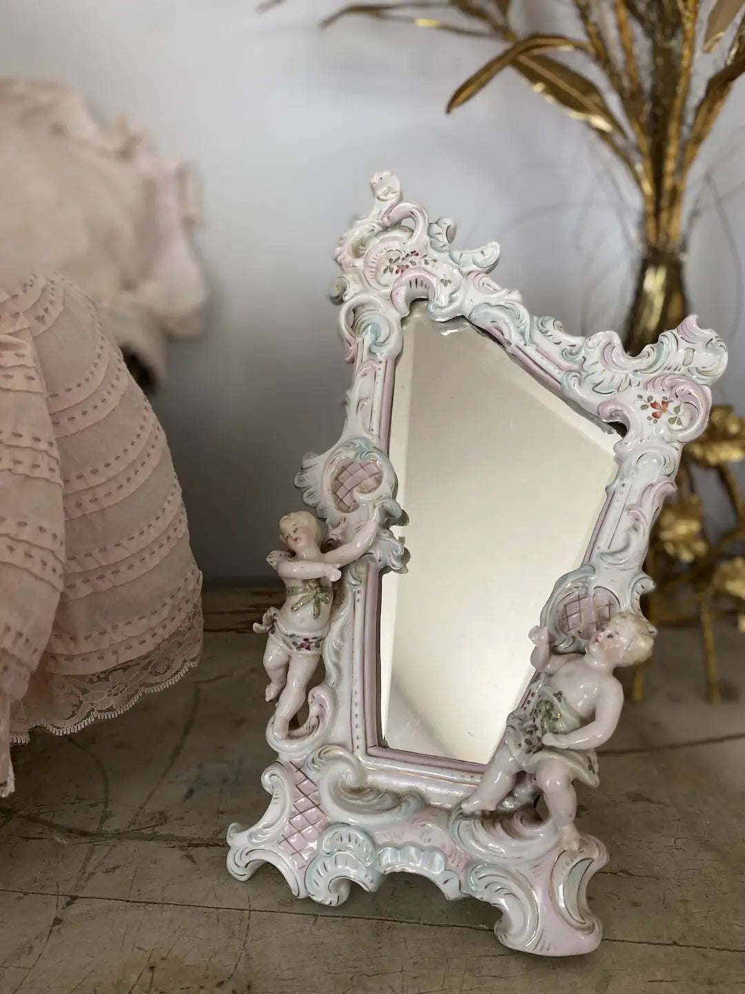 Antique German Dresden Meissen Porcelain Cherub Beveled Mirror