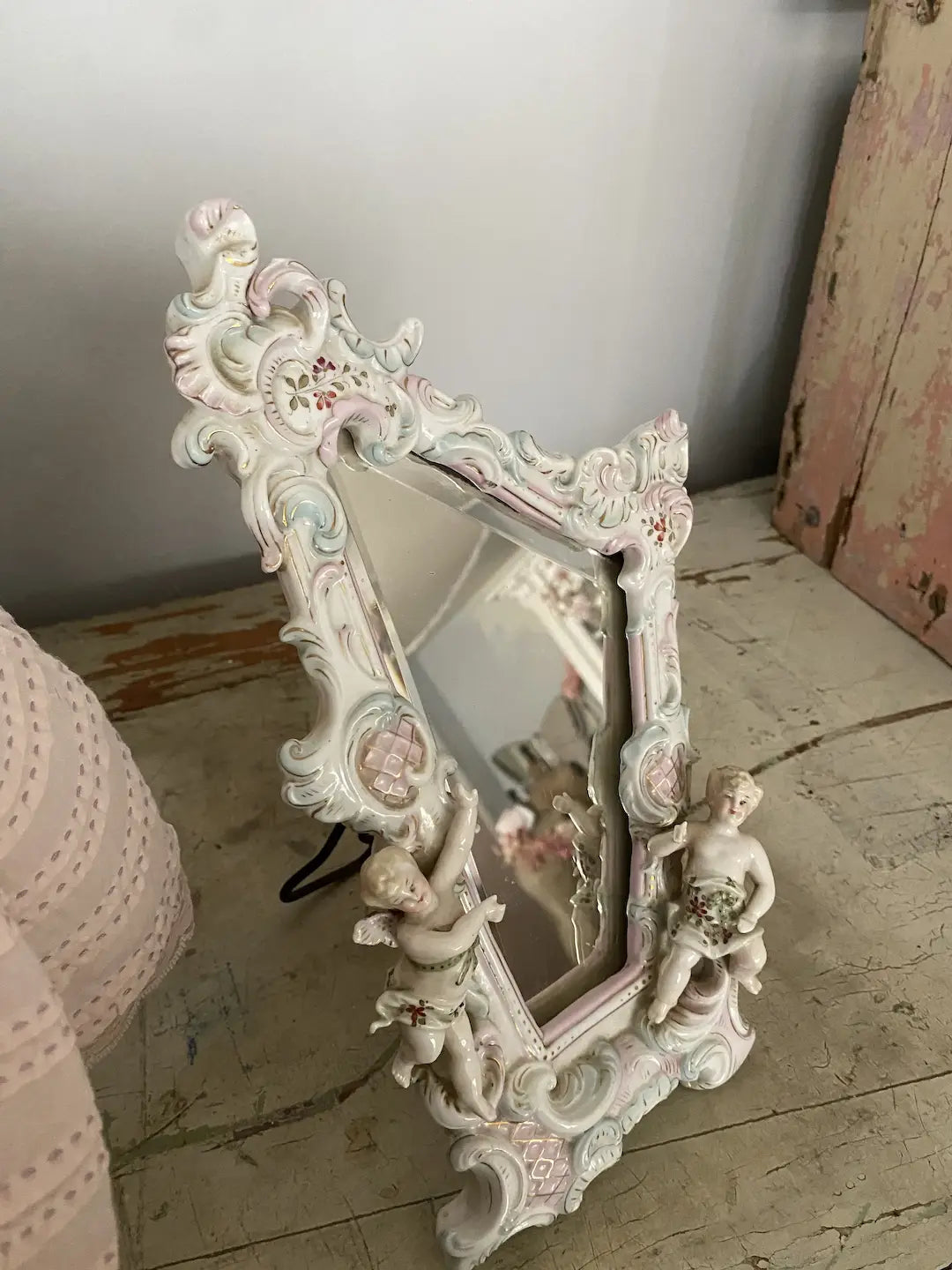 Antique German Dresden Meissen Porcelain Cherub Beveled Mirror