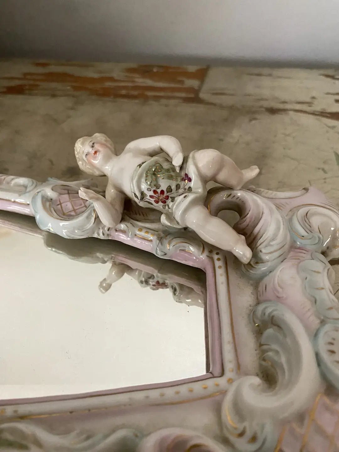 Antique German Dresden Meissen Porcelain Cherub Beveled Mirror