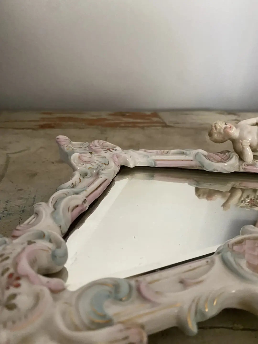 Antique German Dresden Meissen Porcelain Cherub Beveled Mirror