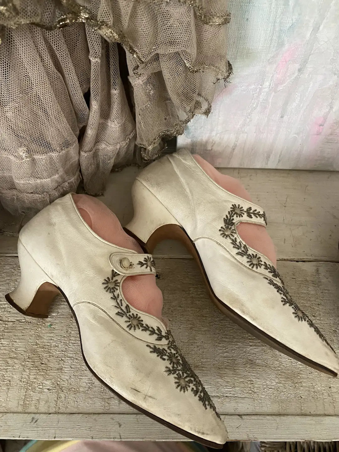 Antique Bridal Shoes White Leather Beaded