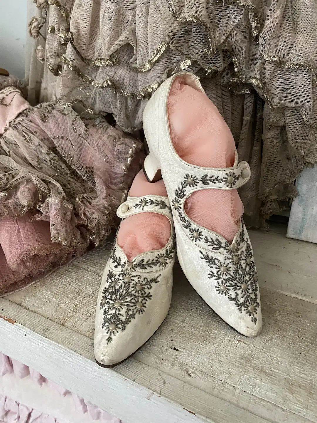 Antique Bridal Shoes White Leather Beaded