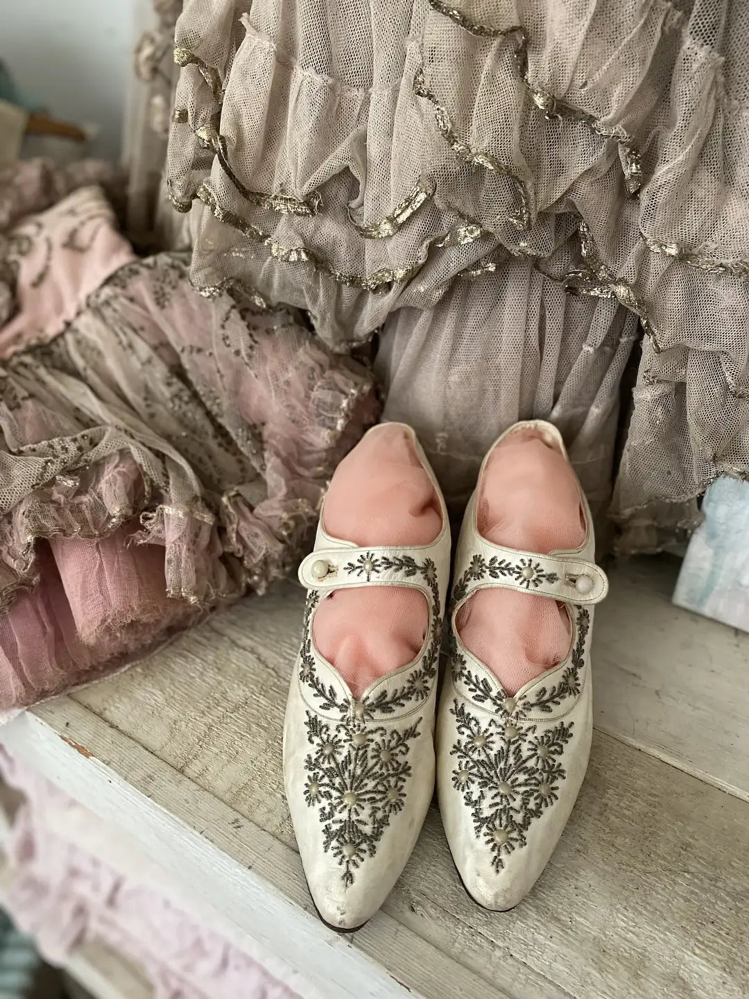 Antique Bridal Shoes White Leather Beaded