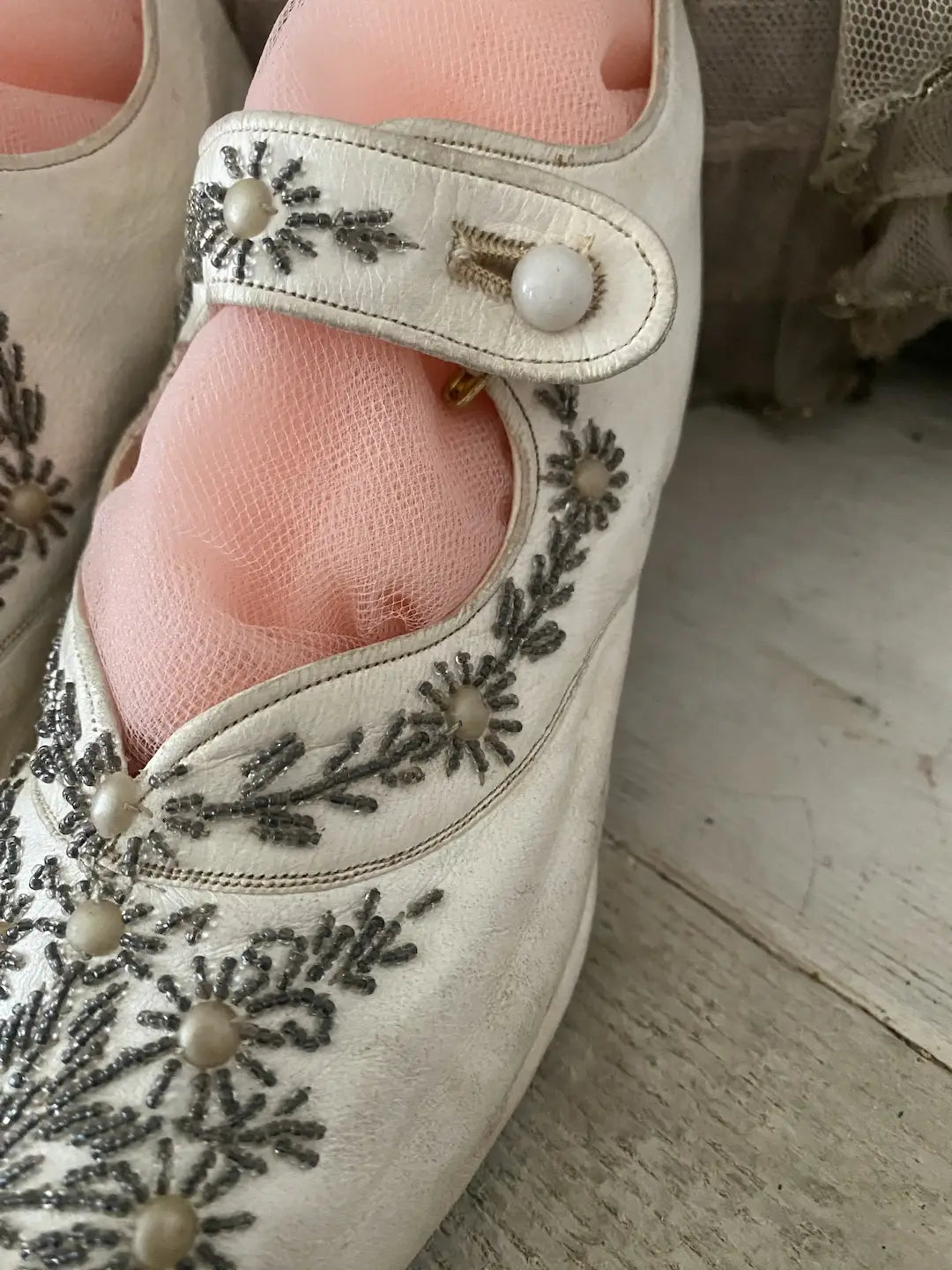 Antique Bridal Shoes White Leather Beaded