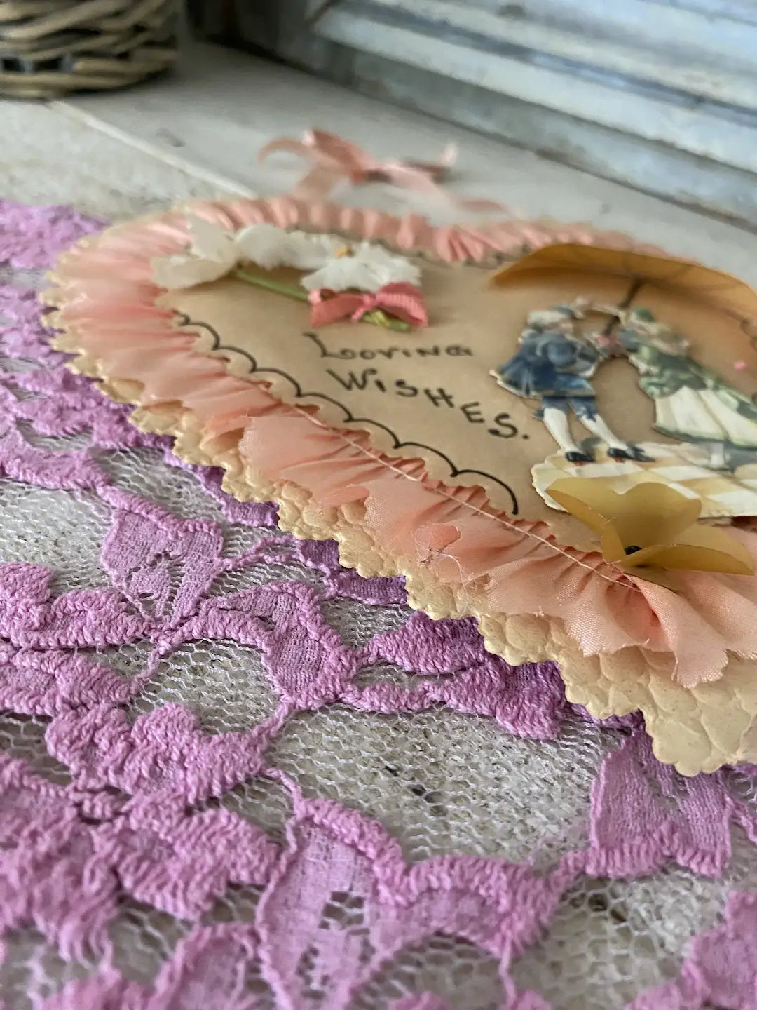 Antique Victorian Valentine Greeting Card Pink Fabric Millinery Flowers