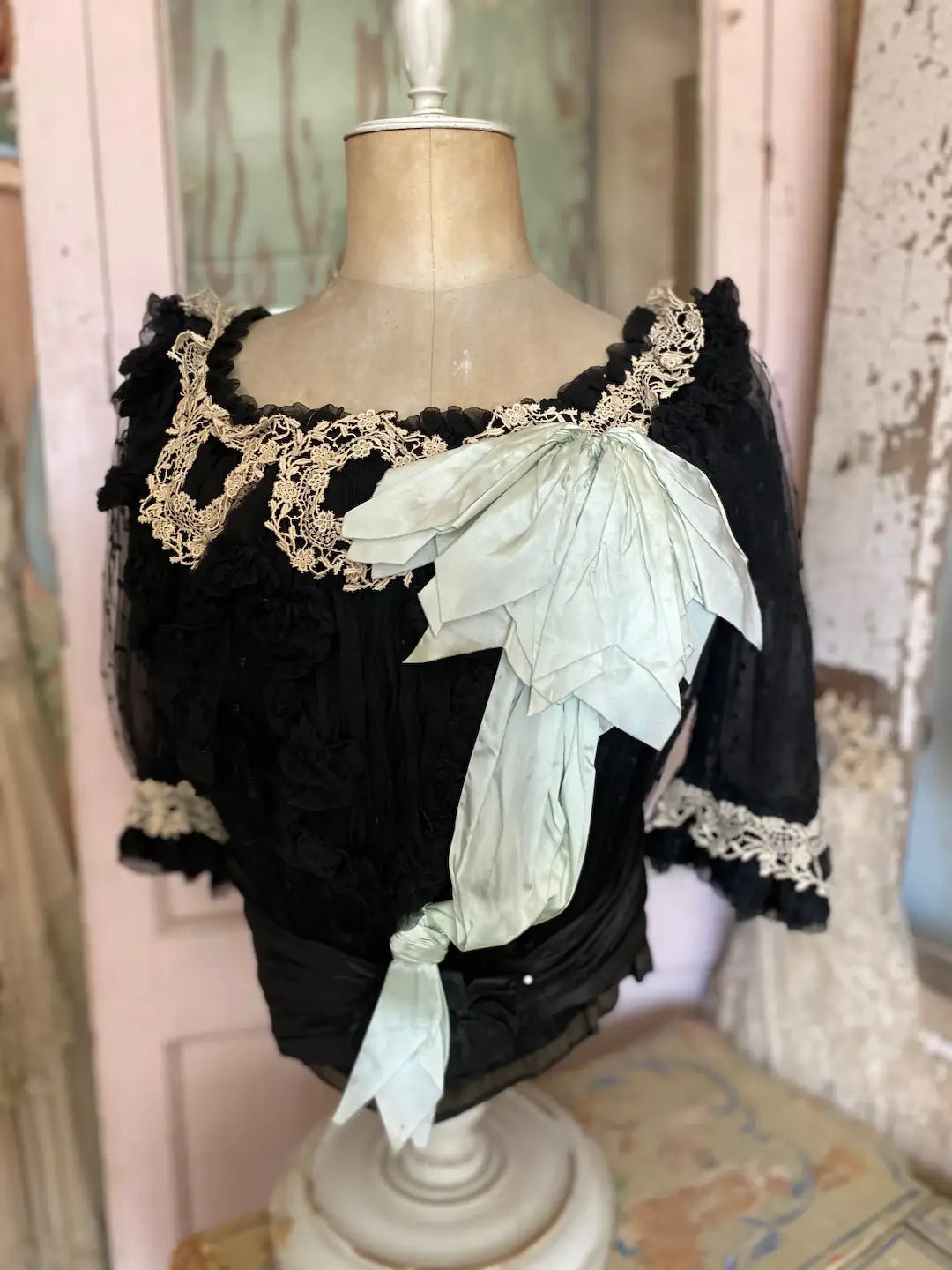 Victorian Bodice Black Lace Blue Silk Bow Floral