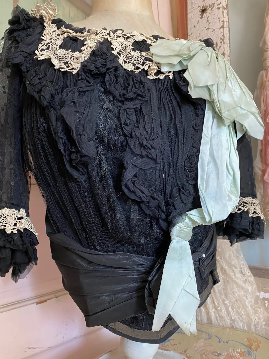 Victorian Bodice Black Lace Blue Silk Bow Floral