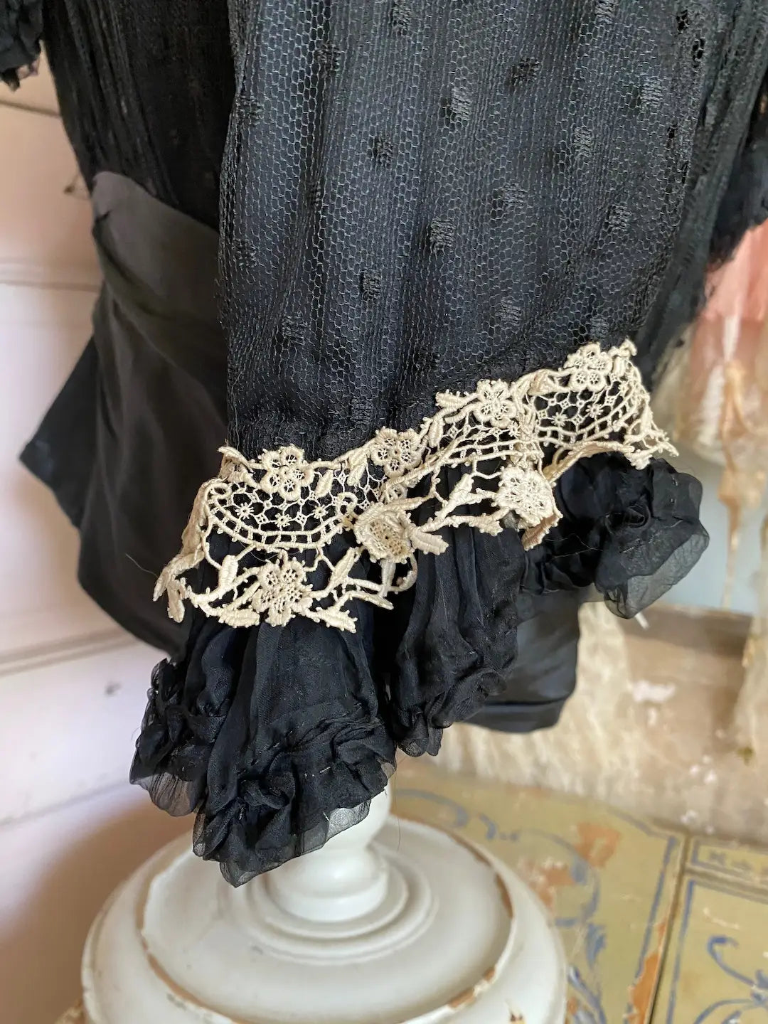 Victorian Bodice Black Lace Blue Silk Bow Floral