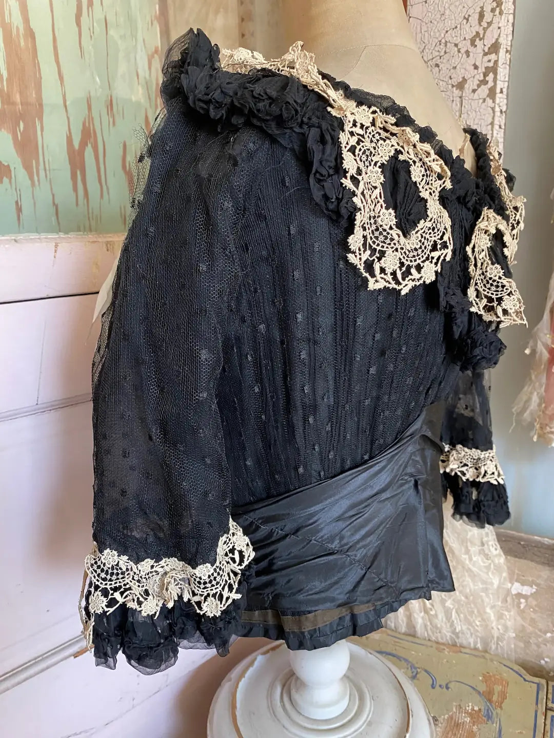 Victorian Bodice Black Lace Blue Silk Bow Floral