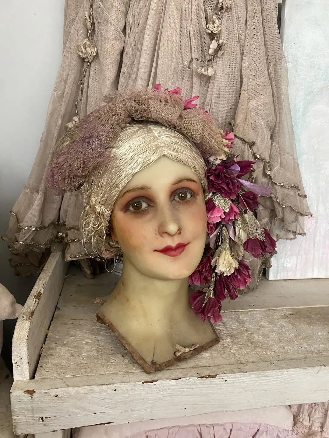 Vintage Headdress Flowers Lace Tulle Showgirl