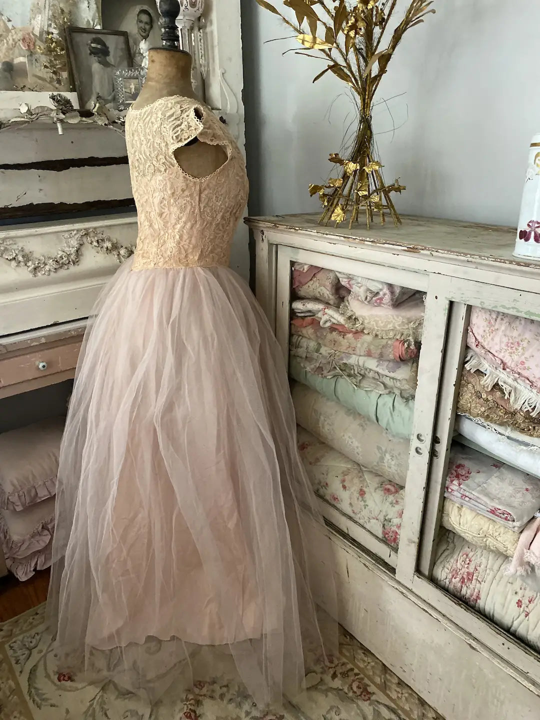 Vintage Prom Dress Pink Floral Lace