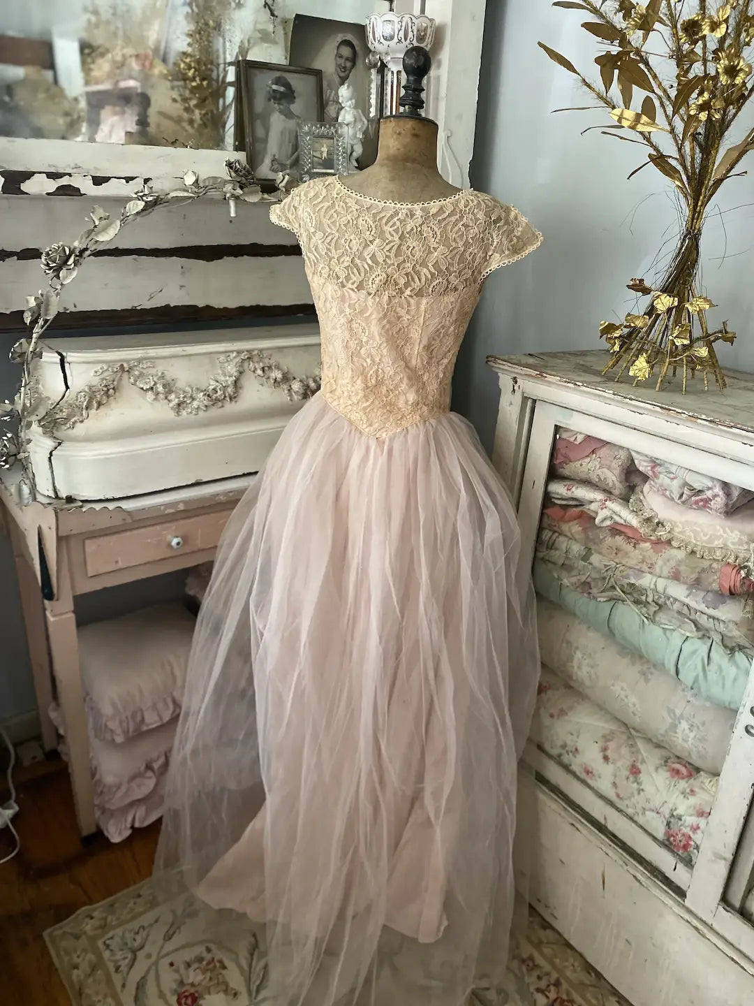 Vintage Prom Dress Pink Floral Lace